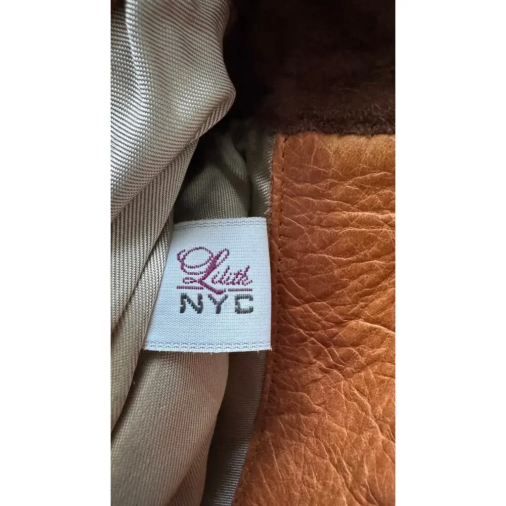 1990s Lilith NYC Acrylic Handle Leather Bag Cognac Brown Suede Purse